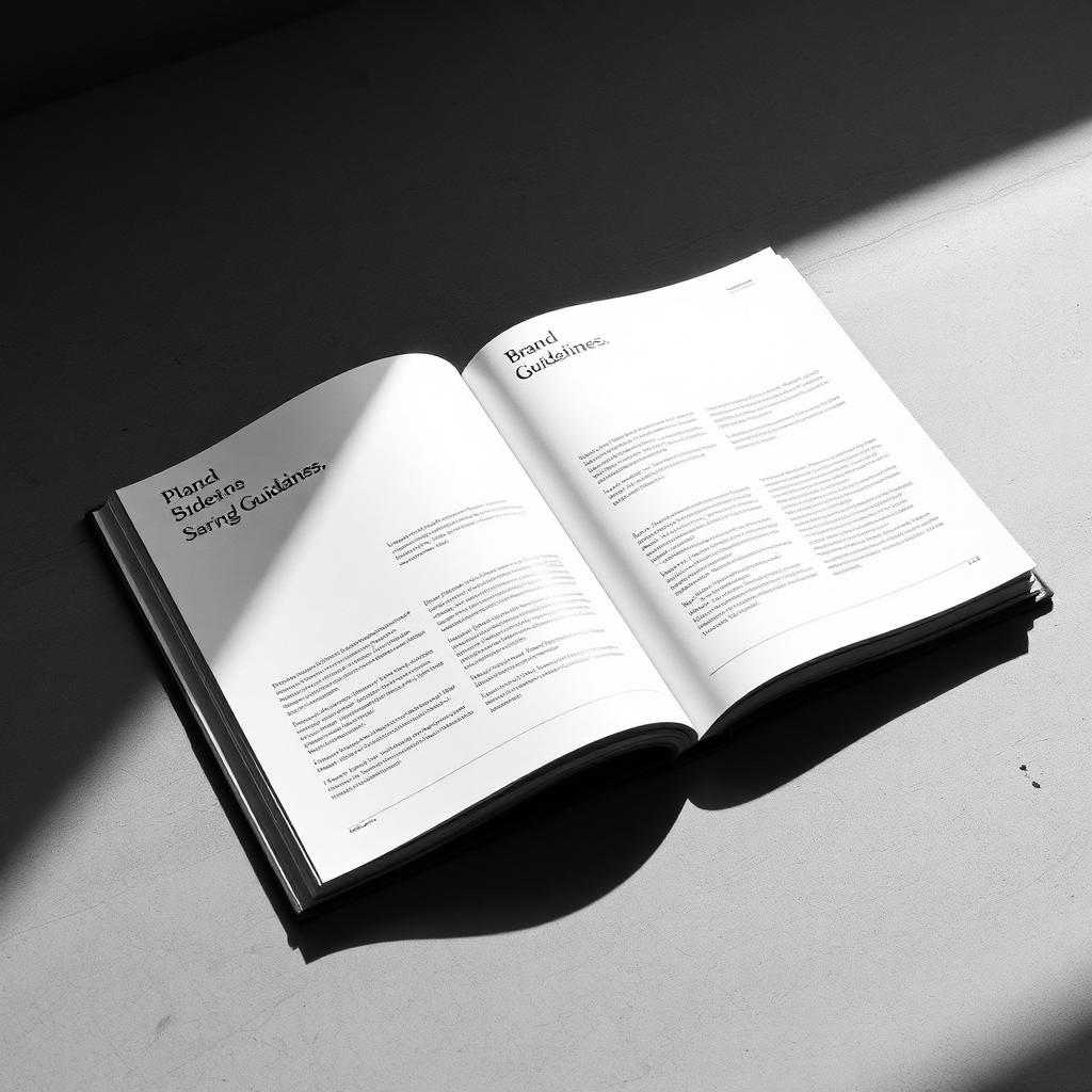 An open brand guidelines book in raking light.