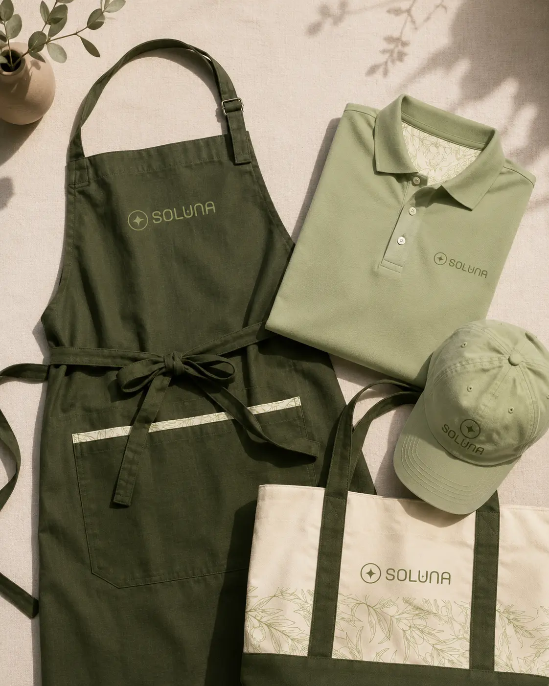 Soluna staff uniform — apron, polo, cap and tote bag