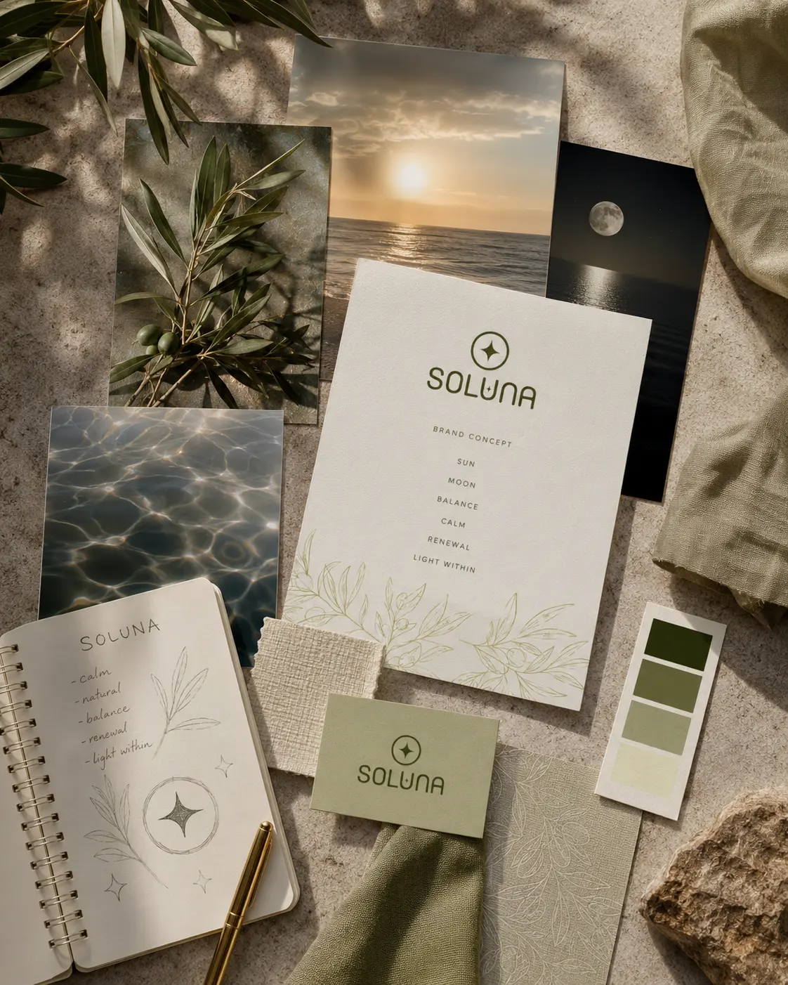 Soluna moodboard with olive branches, colour swatches and brand concept card
