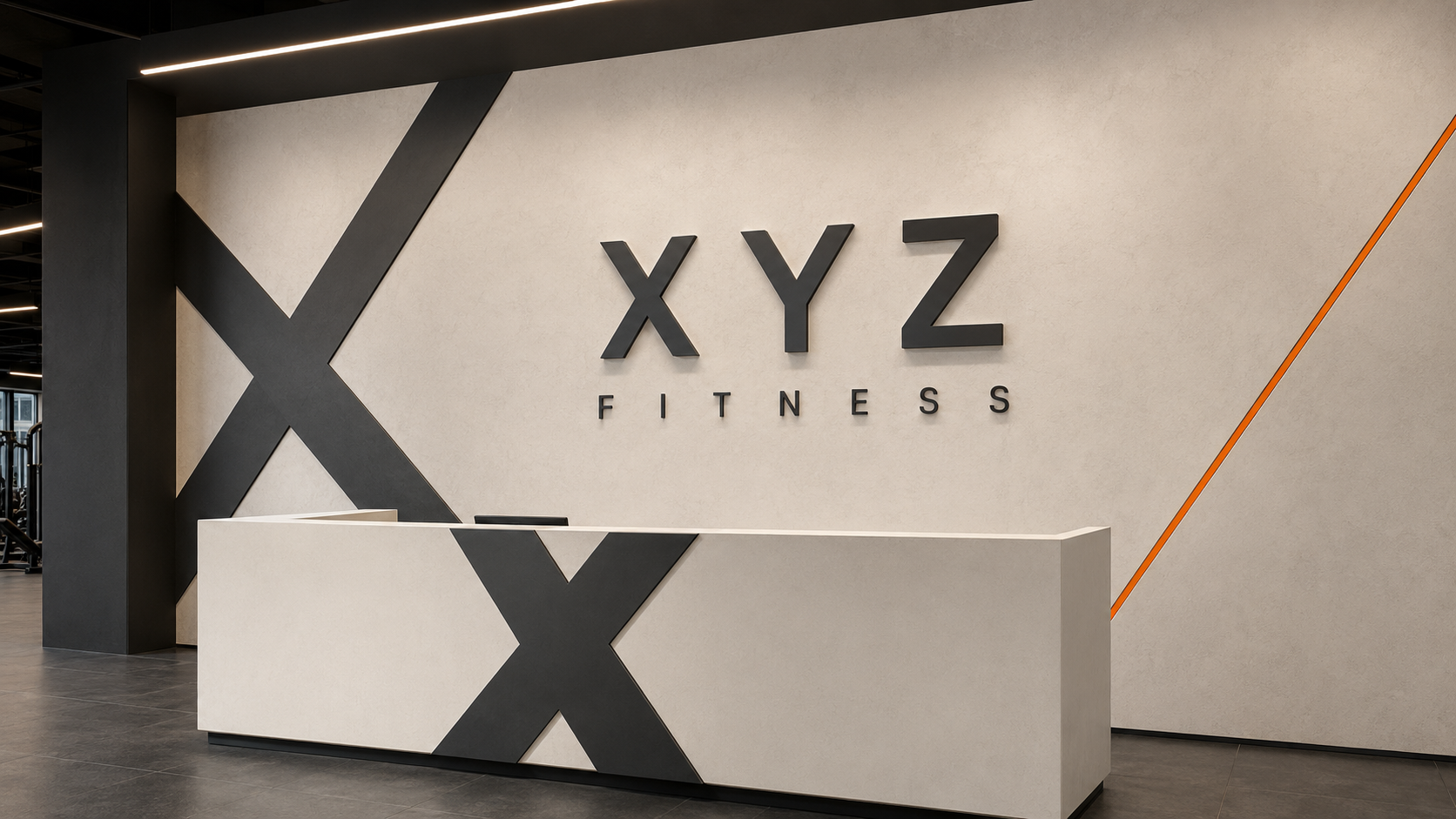 XYZ Fitness reception signage and branded interior wall