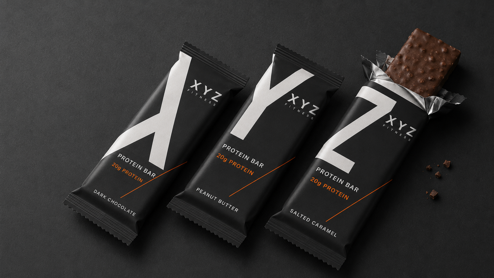 XYZ Fitness protein bar packaging in three flavours