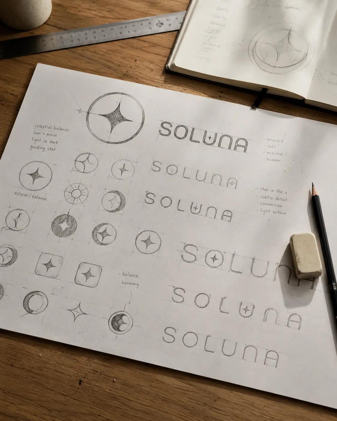 Pencil logotype grid studies for the Soluna wordmark