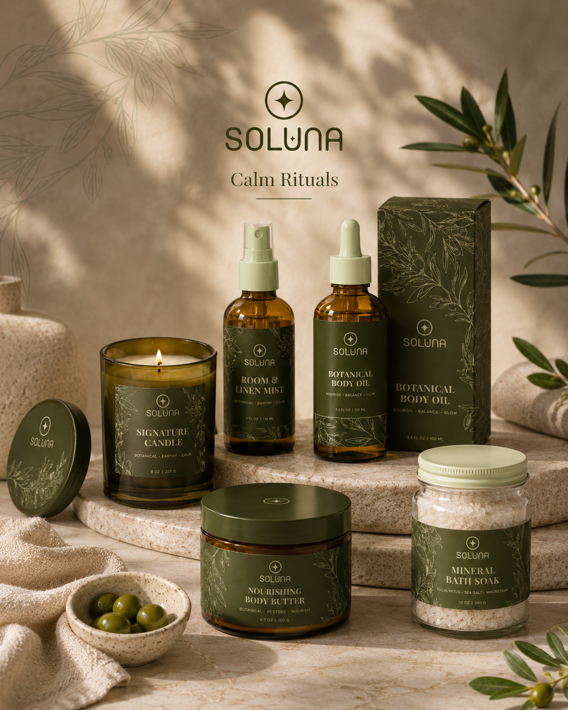 Soluna Calm Rituals product range — candle, mist, body oil, body butter and bath soak