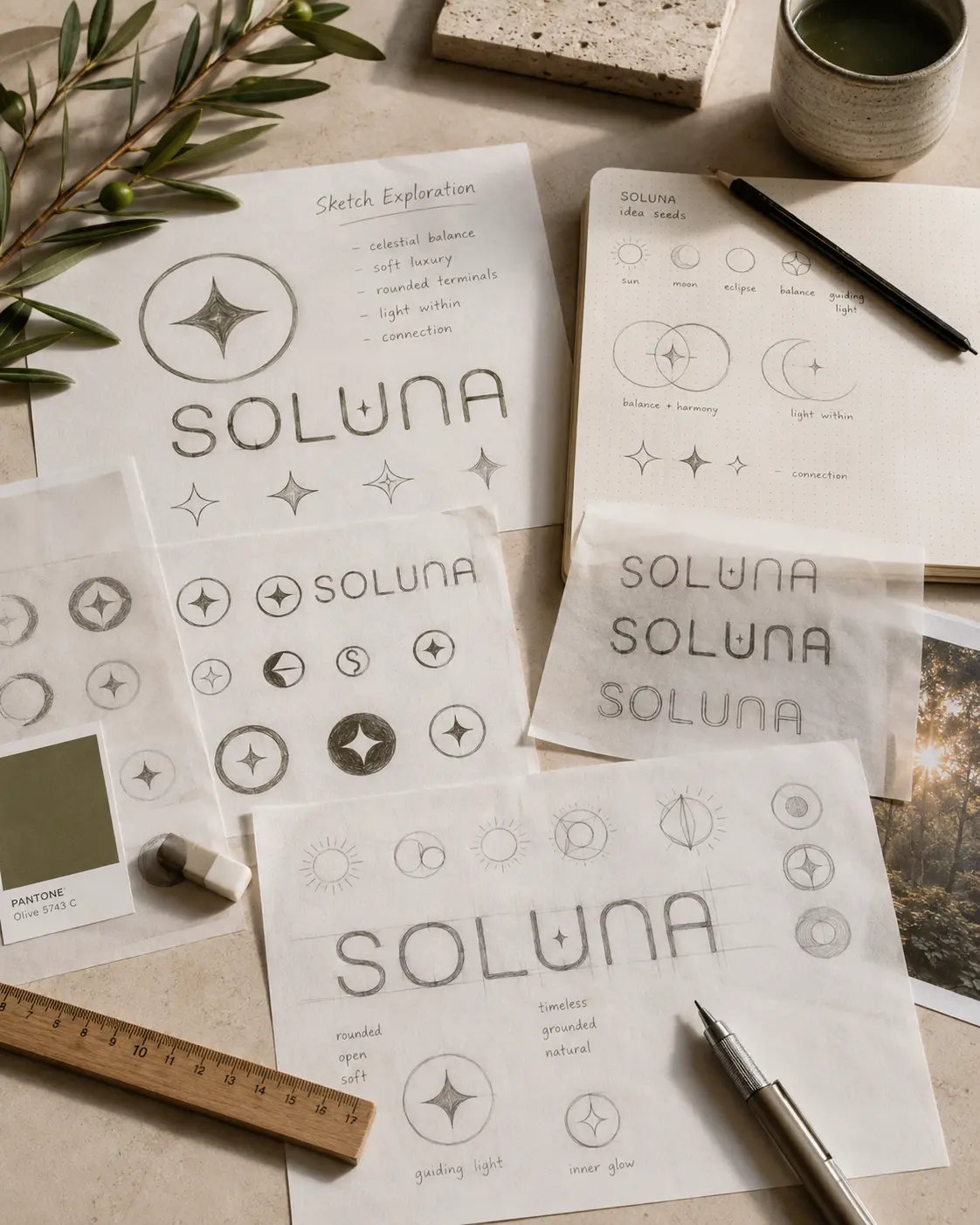 Soluna logo sketch explorations on tracing paper with Pantone olive swatch