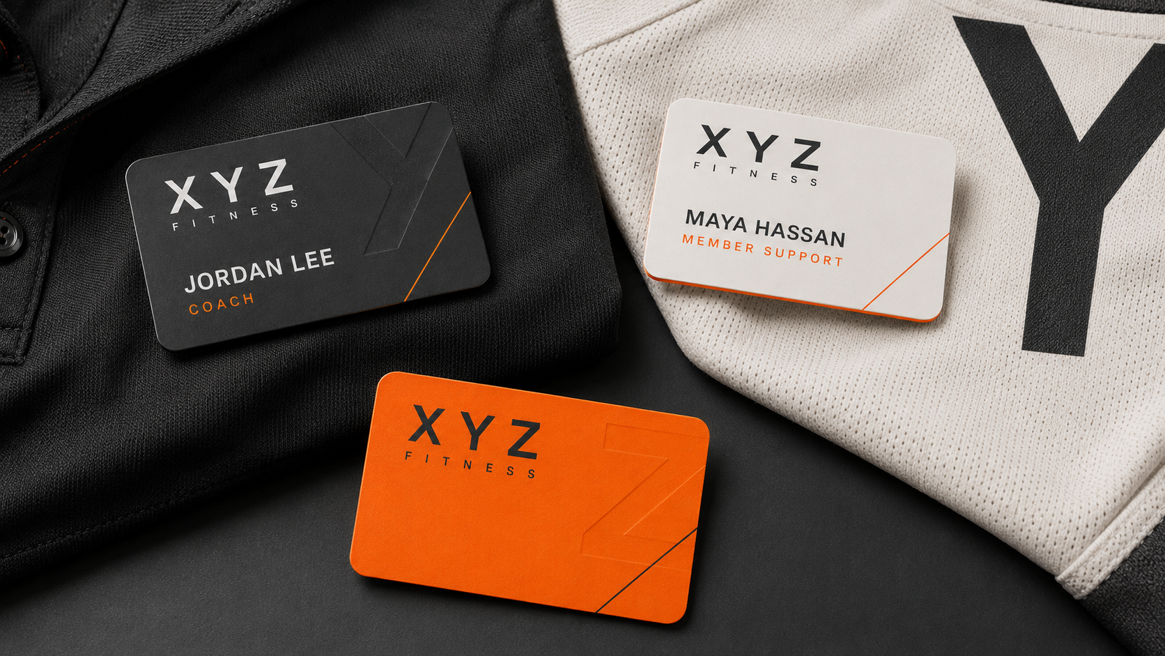 XYZ Fitness staff name tags and membership cards