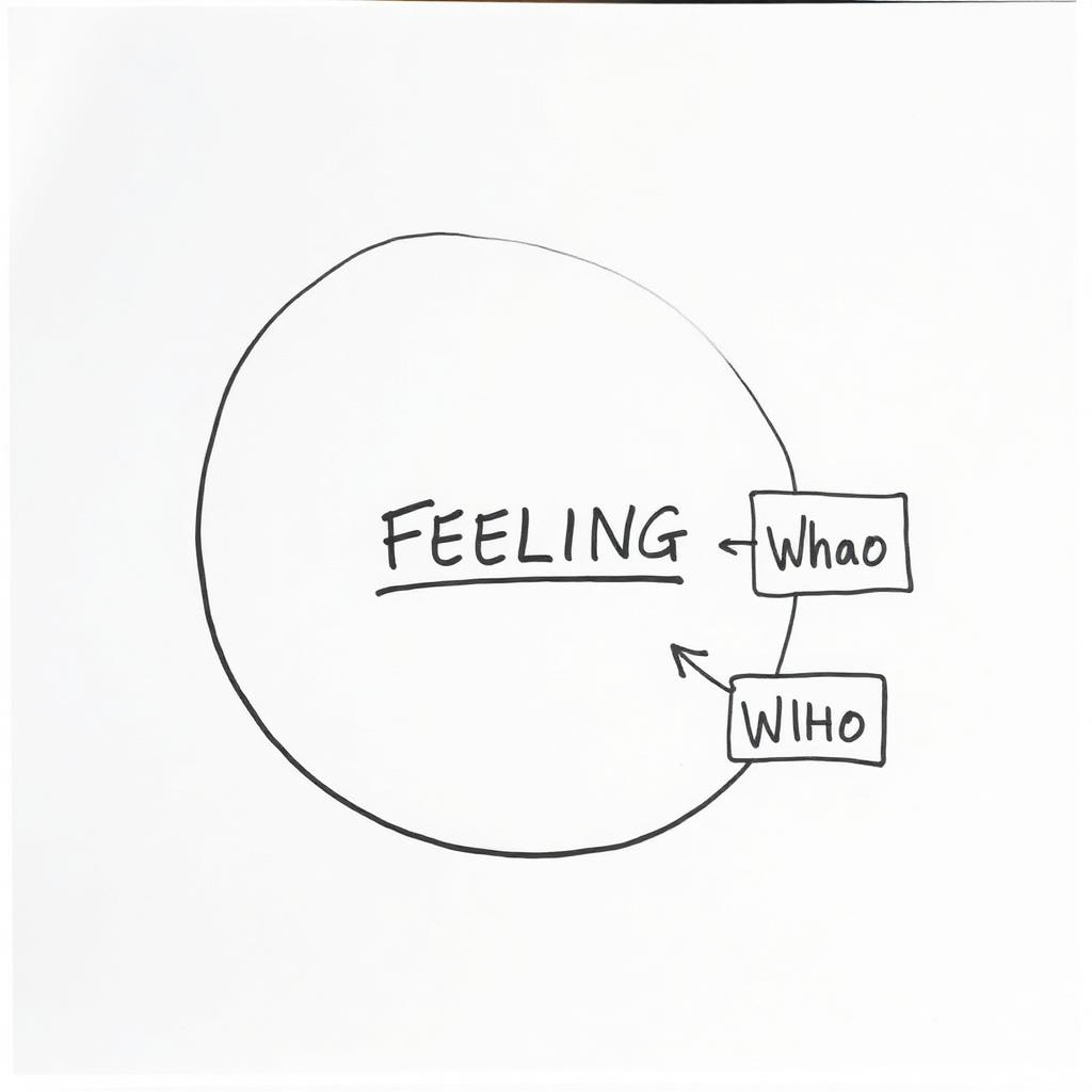 A hand-drawn diagram: a large circle labelled feeling with boxes for what and who.
