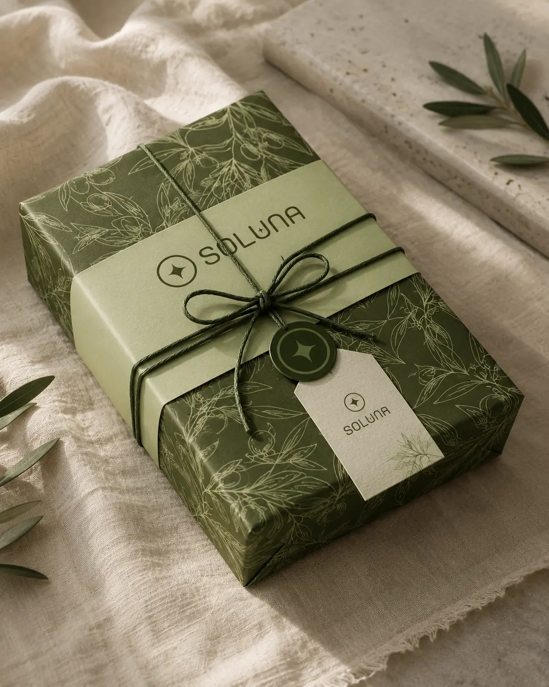 Soluna gift box wrapped in olive patterned paper with twine and swing tag