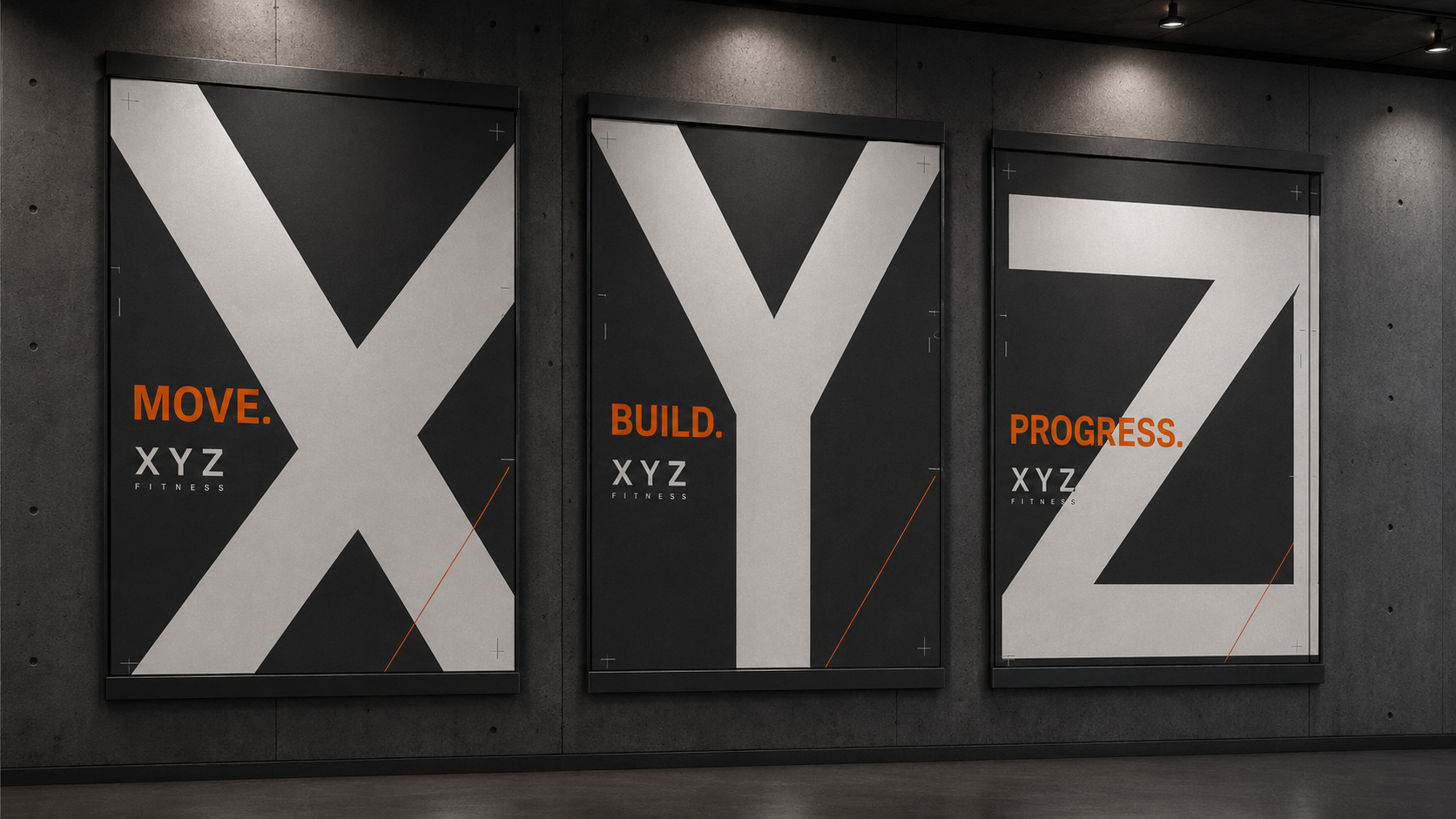XYZ Fitness poster campaign — Move. Build. Progress.
