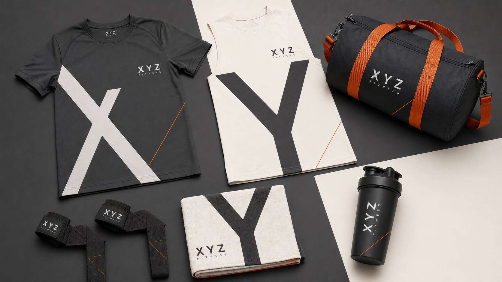 XYZ Fitness apparel, duffel bag, towel and shaker flat lay