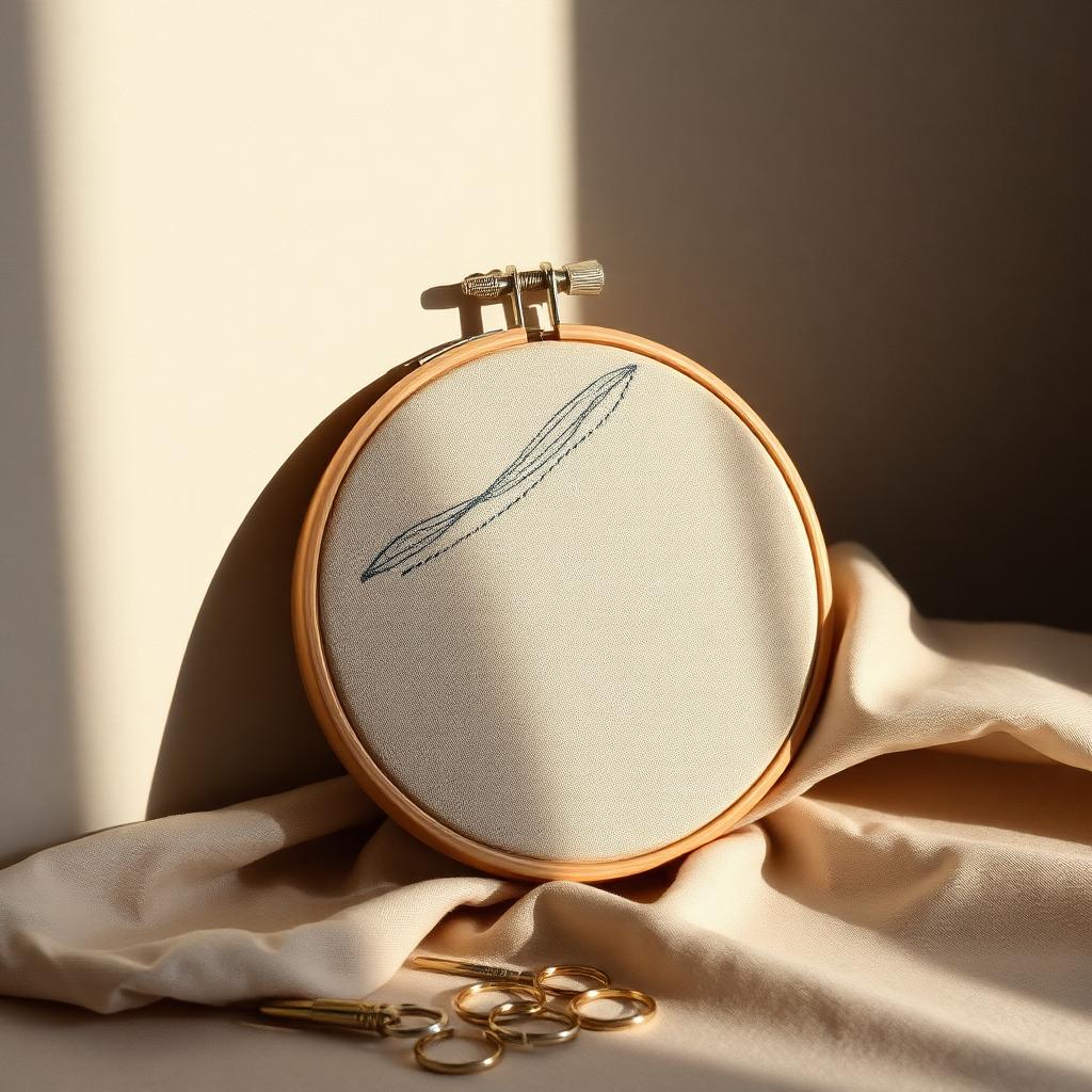 Embroidery hoop with metallic thread on linen