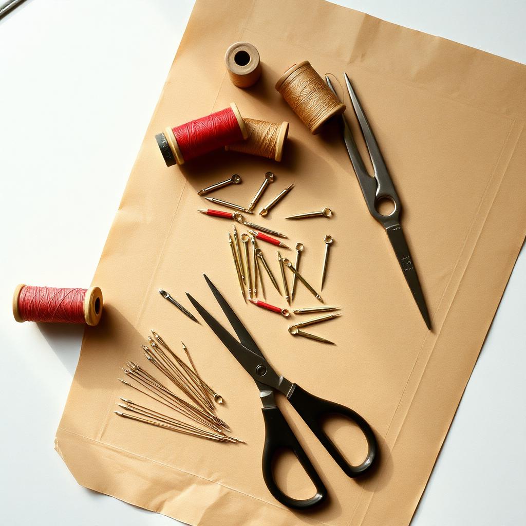 Needles and thread spools arranged on kraft paper