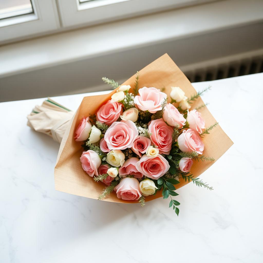 Bouquet wrapped in kraft paper on marble