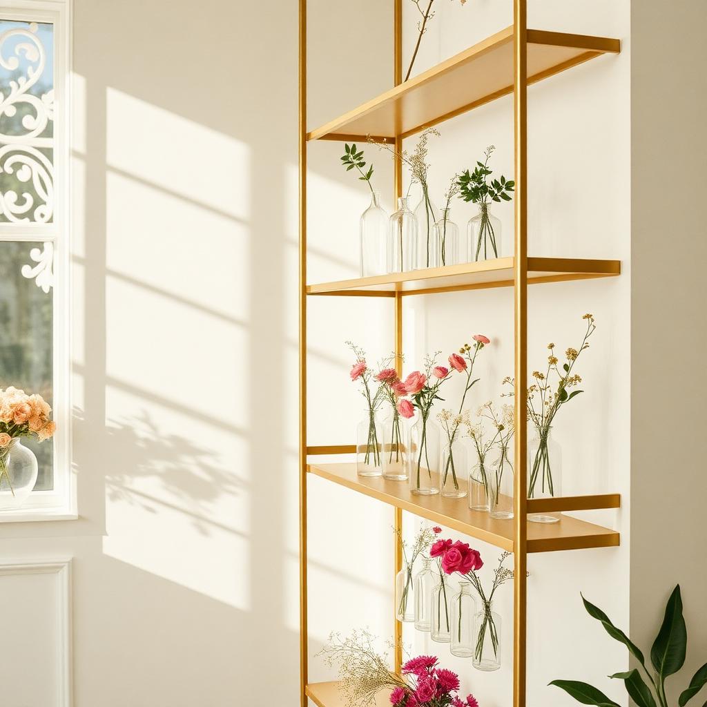 Boutique interior with brass shelving and single stems