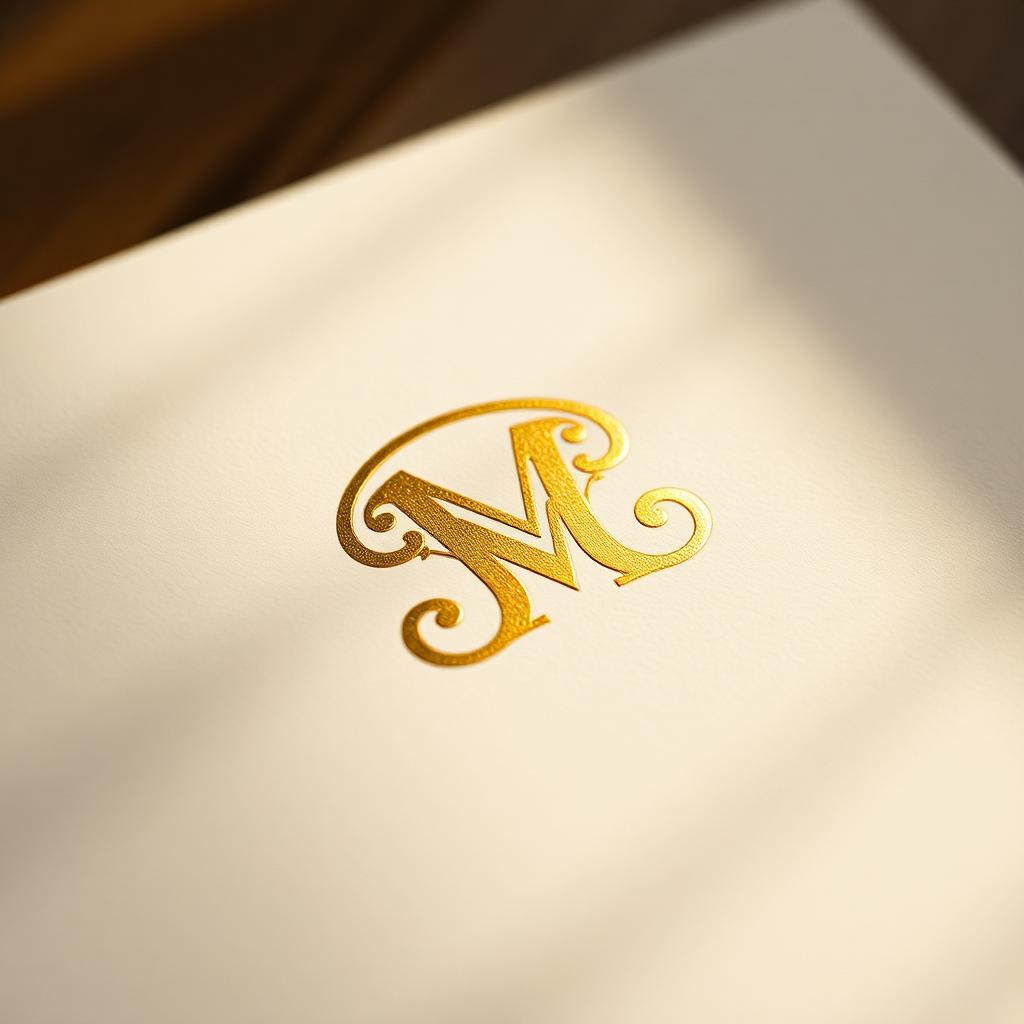 Gold foil monogram on cream card in raking light
