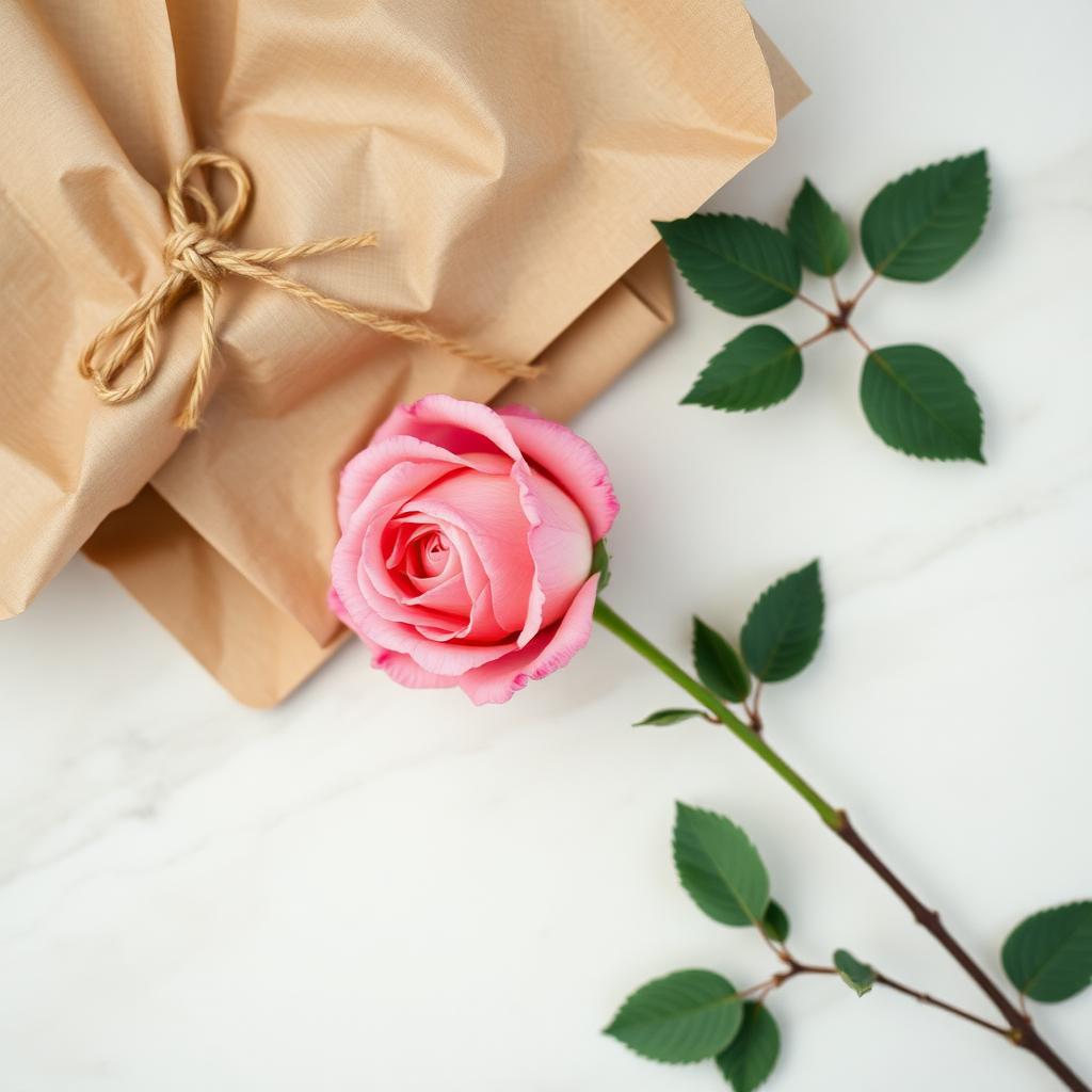Wrapping paper, twine and a single rose on the counter
