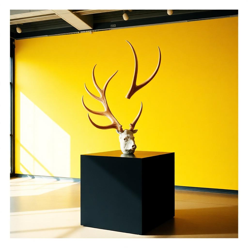 Deer antler sculpture on black pedestal against acid yellow wall